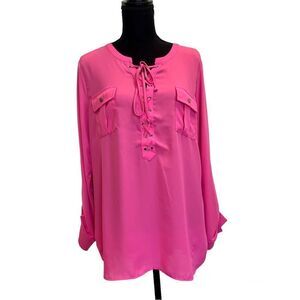 NYGARD neon pink roll tab long sleeve lace-up blouse Sz L